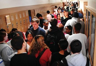 Crowed school hallway