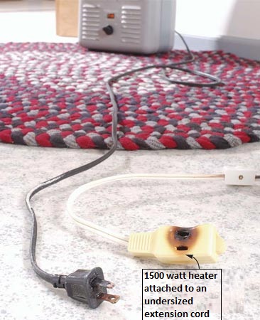 1500 watt heater attached to an undersized extension cord