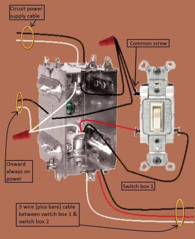 2011 NEC Compliant - 3 Way Switch Circuits - Power and Fixture feed at different Switch - Extension -  Onward 'Always On' power from Switch 1