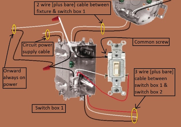 3 Way Switch Circuits - Power and Fixture Feed at Same Switch - Extension - Onward 'Always On' power from switch 1