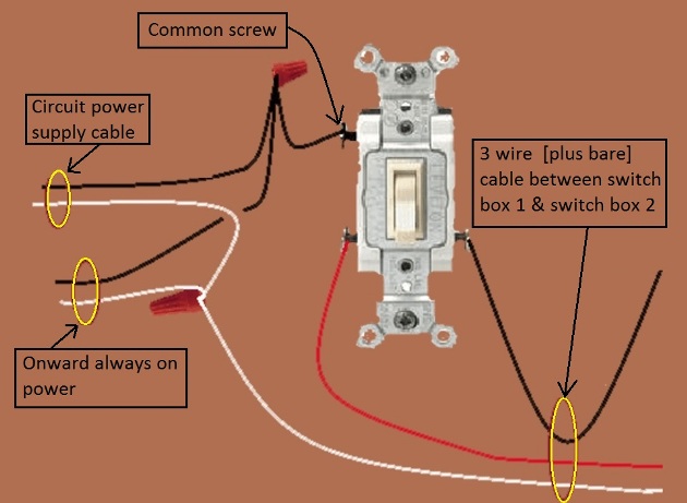 3  Way Switch Circuit - Power and Fixture feed at different Switch - extension - Onward 'Always On' power from switch 1