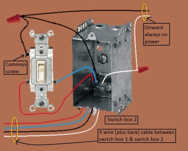 2011 NEC Compliant - 3 Way Switch Circuit - Power and Fixture Feed Same Switch - Extension - Onward ' Always On' power from Switch 2