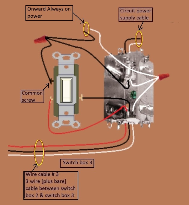 4 Way Switch Circuit - Power at 3rd Switch - Fixture Feed from Switch 2 - Extension - Onward ' Always On' Power from Switch 3