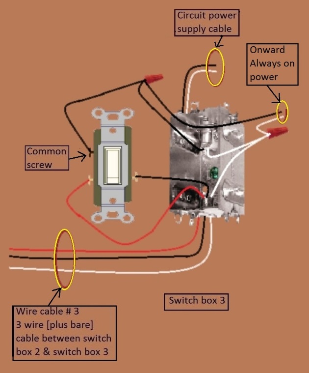 4 Way Switch Circuit - Power at 3rd Switch - Fixture Feed from 1st Switch - Extension - Onward 'Always On'' Power from Switch 3