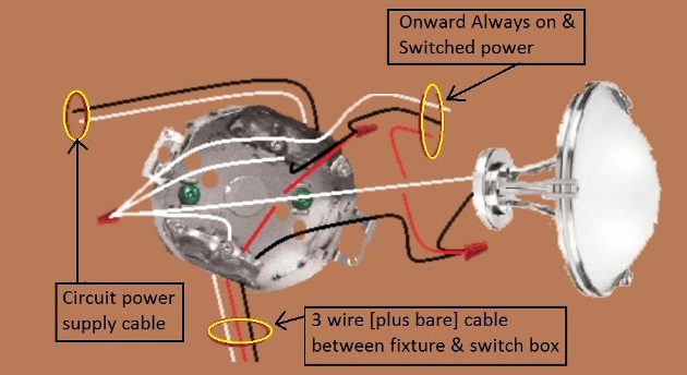 2011 Compliant Basic Switch Circuit with power at fixture - extension - Onward 'Always On and Switched' power from Fixture
