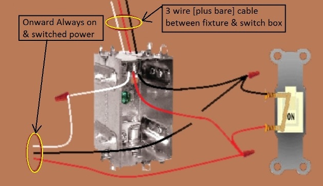 2011 Compliant Basic Switch Circuit with power at fixture - Extension - Onward Always On and Switched' Power from Switch