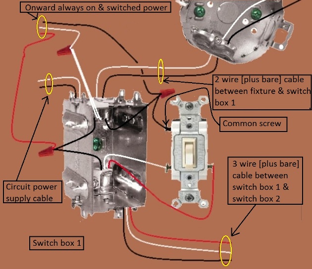 3 Way Switch Circuits - Power and Fixture Feed at Same Switch - Extension - Onward 'Always On and Switched' power from switch 1