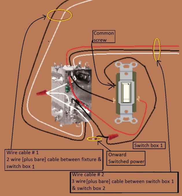 4 Way Switch Circuit - Power at 3rd Switch - Fixture Feed from 1st Switch - Extension - Onward 'Switched' Power from Switch 1