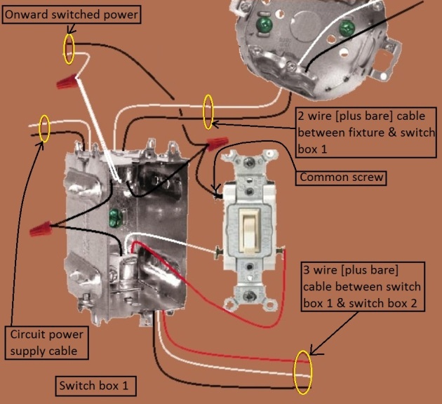 3 Way Switch Circuits - Power and Fixture Feed at Same Switch - Extension - Onward 'Switched' power from switch 1