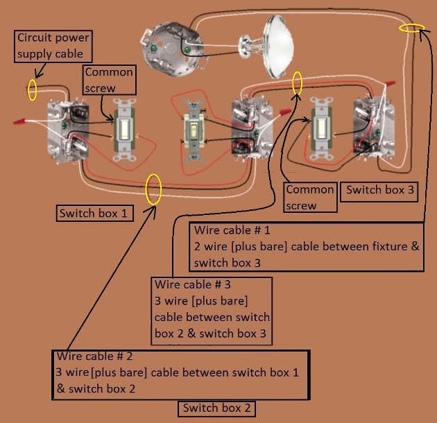 4 Way Switch Circuit - Power source at 1st switch - Fixture Feed from  3rd Switch