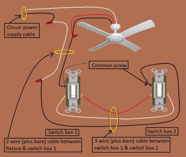 Fan Light Combination Switch Wiring - Switched Together - 3 Way Switches - Power at Fixture