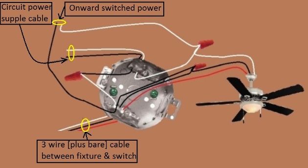 Fan / Light Combination Fixture Switch Circuits - Switched Separately - Power Source at Fixture - Extension - Onward 'Switched [Light]' Power from Fixture