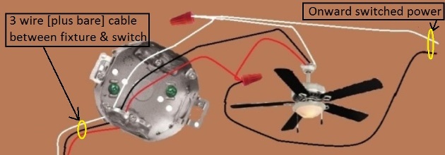 2011 NEC Compliant - Fan / Light Combination Fixture Switch Circuits -Switched Separately - Power source at Switch - Extension - Onward 'Switched' Power from Fan Switch at  Switch Box