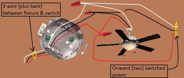 Fan / Light Combination Fixture Wiring - Switched Separately - Power at Switch - Extension - Onward Two 'Switched' Power rom Light and Fan at Fixture