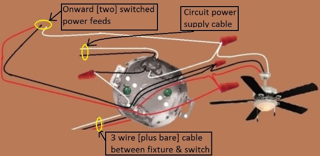 Fan / Light Combination Fixture Switch Circuits - Switched Separately - Power Source at Fixture - Extension - Onward 'Two Switched [Light & Fan]' Power from Fixture