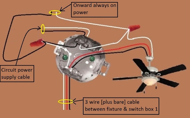 Fan / Light Combination Fixture Switch Circuits - Switched Separately - Power at Fixture  - Light controlled by 3 way switches / Fan at one location only - Fan / Light Combination Fixture Switch Circuits - Switched Separately - Power at Fixture  - Light controlled by 3 way switches / Fan at one location only - Extension  - Onward 'Always On'' Power from Fixture