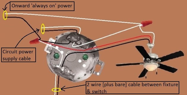 Fan / Light Combination Fixture Switch Circuits - Fan Always Hot / Light Switched - Power Source at Fixture - Extension - Onward 'Always On' Power from  Fixture