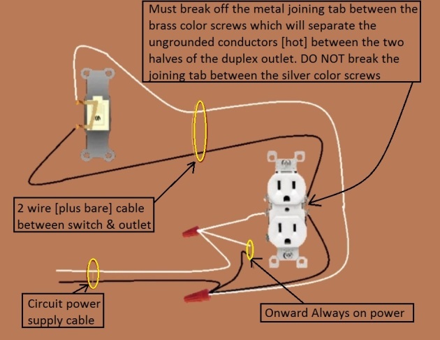 Outlet, Half Switched Circuit Wiring - Power at Outlet - Onward 'Always On' Power from Outlet