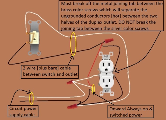 Outlet, Half Switched Circuit Wiring - Power at Outlet - Onward 'Always On and Switched' Power from Outlet