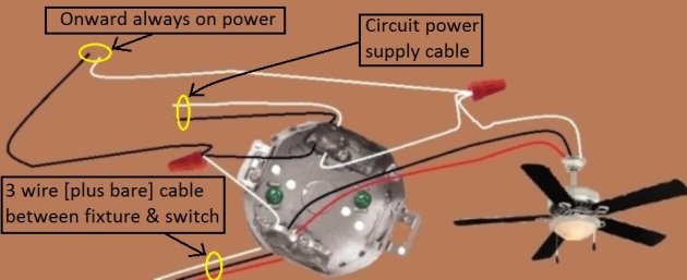 Fan / Light Combination Fixture Switch Circuits - Switched Separately - Power Source at Fixture - Extension - Onward 'Always On' Power from Fixture