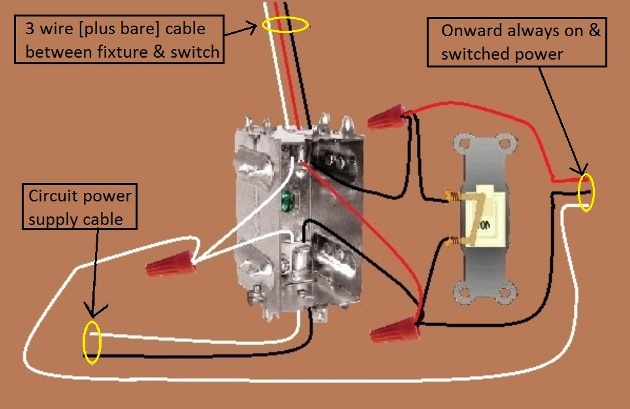 Fan / Light Combination Fixture Switch Circuits - Fan Always Hot / Light Switched - Power Source at Switch - Extension - Onward 'Always On and Switched' Power from Switch Box