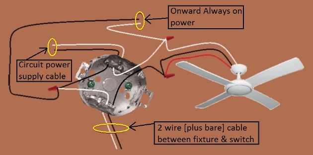 Fan Light Combination Switch Wiring - Switched Together - Power at Fixture - Extension - Onward 'Always On' Power from Fixture