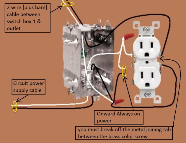 Outlet, Half Switched Circuit Wiring - Power Source at Outlet controlled by 3 way switches - Extension - Onward 'Always On' Power from Outlet