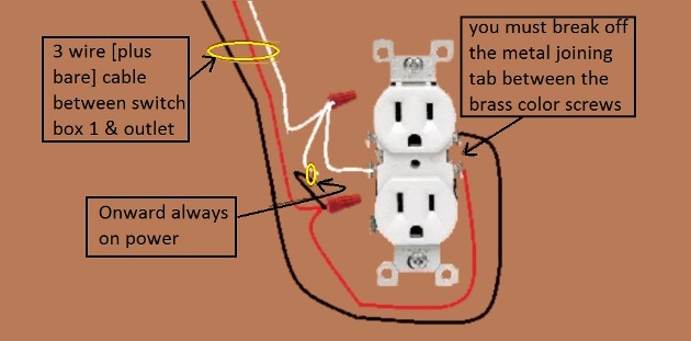 Outlet, Half Switched Circuit Wiring - Power Source at Switch with 3 Way Switches - Extension -  Onward 'Always On' Power from Outlet