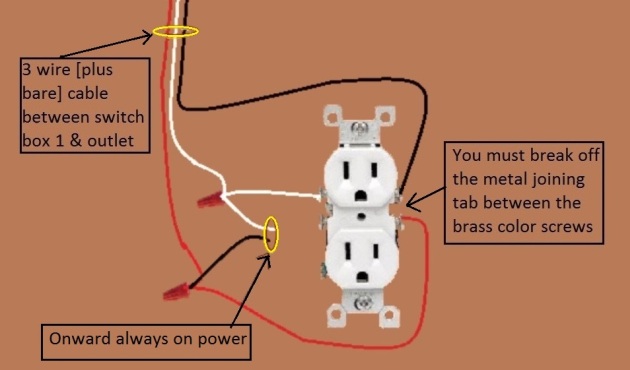 2011 NEC Compliant - Outlet, Half Switched Circuit Wiring - Power Source at Switch controlled by 3 way switches - Extension - Onward 'Always On' Power from Outlet