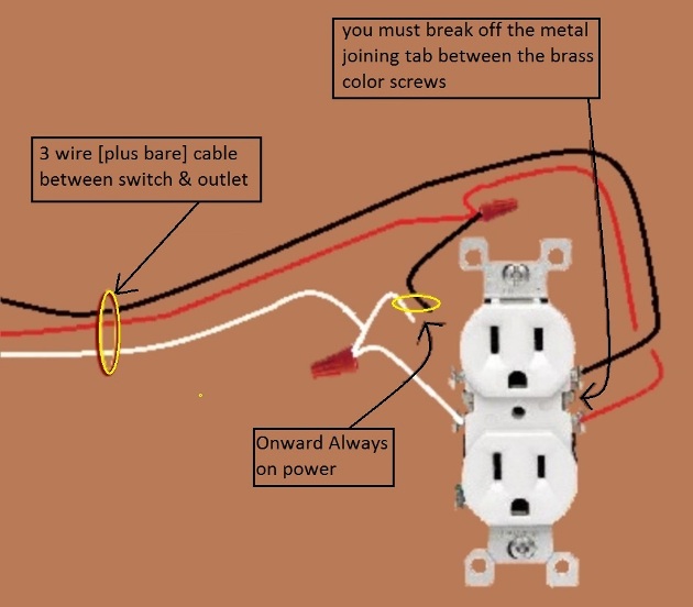 Outlet, Half Switched Circuit Wiring - Power at Switch - Extension - Onward 'Always On' Power from Outlet