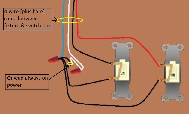 2011 NEC Compliant  - Fan / Light Combination Fixture Switch Circuits -  Switched Separately - Power at Fixture - Extension - Onward 'Always On' Power from Switch box