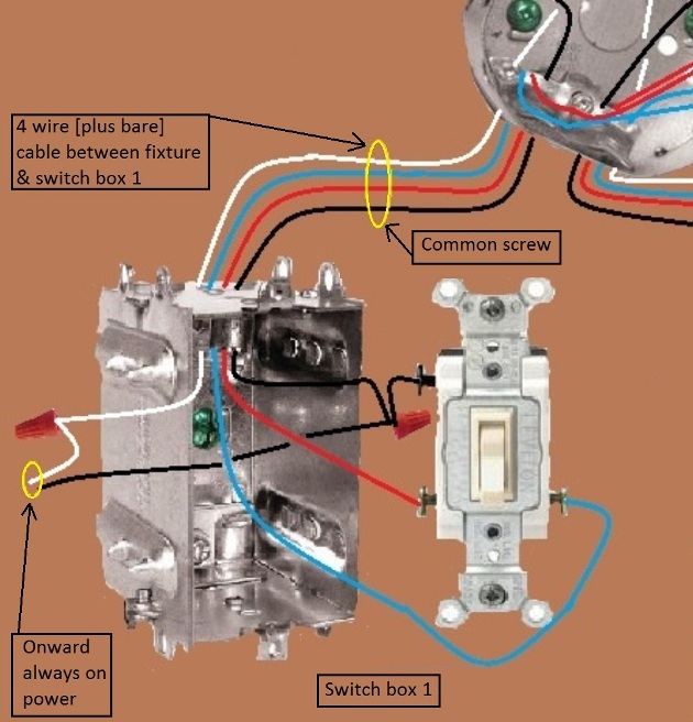 2011 NEC Compliant - Fan / Light Combination Fixture Switch Circuits - Fan Always Hot / Light Switched - 3 way Switches Power at Fixture - routed thru the Ceiling box between Switches - Extension - Onward 'Always On' Power from Switch 1