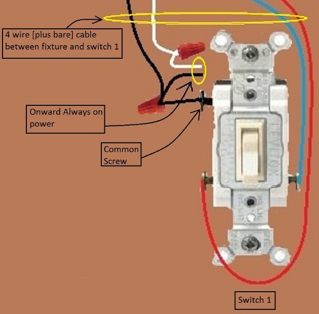 Fan / Light Combination Fixture Wiring - Switched Together - 3 way switches, power at fixture, 3 wire (plus ground) cable being routed thru the ceiling box between switches - Extension - Onward 'Always On' Power from Switch 1