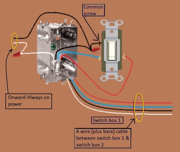 2011 NEC Compliant - 4 Way Switch Circuit - Power at Fixture - Feed to 2nd Switch - Extension -  Onward 'Always On' Power from Switch 1