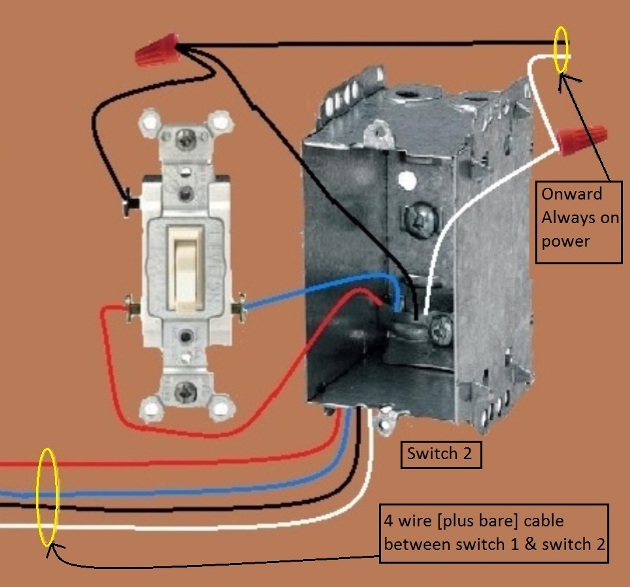 2011 NEC Compliant - Fan / Light Combination Fixture Wiring - Switched Together - 3 way switches power source and fan/light combo power feed from same switch box - Extension - Onward 'Always On' Power from Switch 2