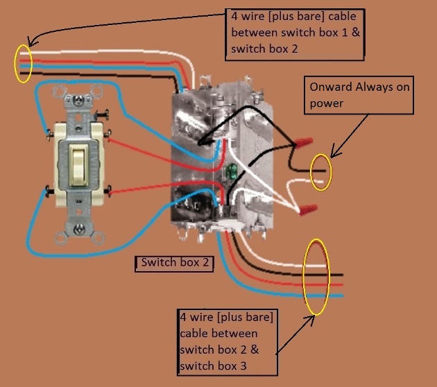 2011 NEC Compliant - 4 Way Switch Circuit - Power at Fixture - Feed to 3rd Switch - Extension - Onward 'Always On' Power from Switch 2