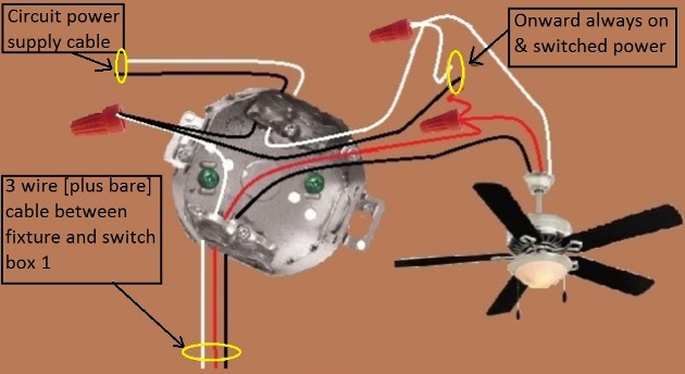 Fan / Light Combination Fixture Switch Circuits - Switched Separately - Power at Fixture  - Light controlled by 3 way switches / Fan at one location only - Fan / Light Combination Fixture Switch Circuits - Switched Separately - Power at Fixture  - Light controlled by 3 way switches / Fan at one location only - Extension  - Onward 'Always On and Switched{Fan}' Power from Fixture