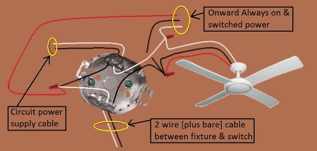 Fan Light Combination Switch Wiring - Switched Together - Power at Fixture - Extension - Onward 'Always On and Switched' Power from Fixture