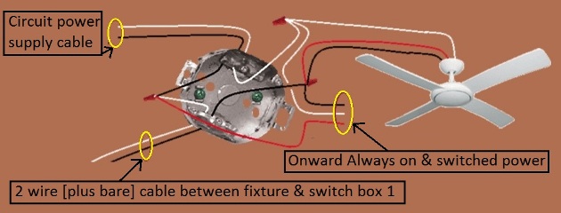 Fan Light Combination Switch Wiring - Switched Together - 3 Way Switches - Power at Fixture - Extension - Onward 'Always On and Switched' Power from Fixture