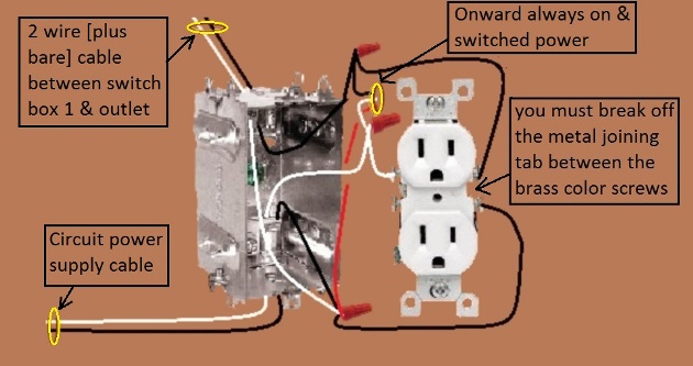 Outlet, Half Switched Circuit Wiring - Power Source at Outlet controlled by 3 way switches - Extension - Onward 'Always On and Switched' Power from Outlet
