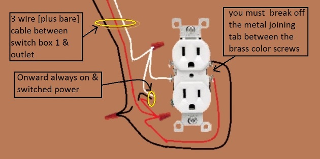Outlet, Half Switched Circuit Wiring - Power Source at Switch with 3 Way Switches - Extension -  Onward 'Always On and Switched' Power from Outlet