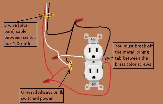 2011 NEC Compliant - Outlet, Half Switched Circuit Wiring - Power Source at Switch controlled by 3 way switches - Extension - Onward 'Always On and Switched' Power from Outlet