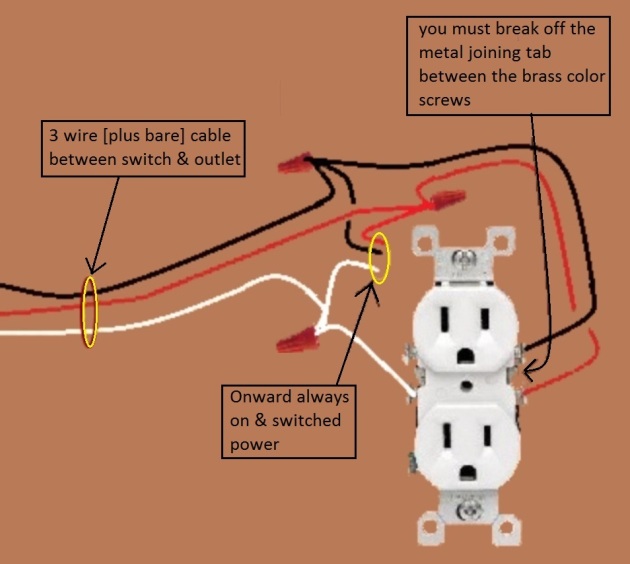 Outlet, Half Switched Circuit Wiring - Power at Switch - Extension - Onward 'Always On and Switched' Power from Outlet