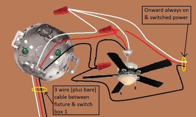 Fan / Light Combination Fixture Switch Circuits - Fan Always Hot / Light Switched - Power Source & Fixture feed at Same Switch , two 3-way Switches required - Extension - Onward 'Always On and Switched' Power from Fixture