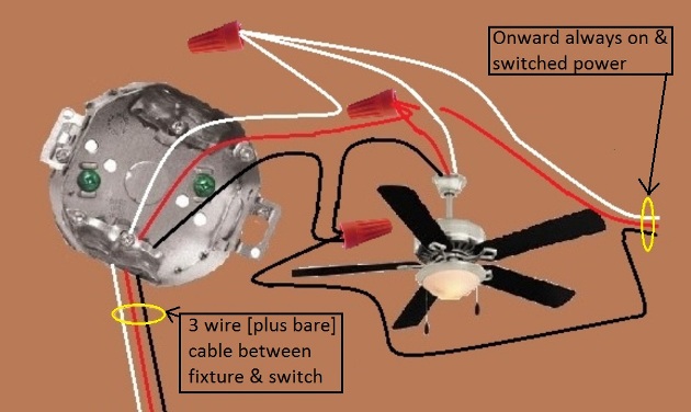 2011 NEC Compliant - Fan / Light Combination Fixture Switch Circuits - Fan Always Hot / Light Switched - Power Source at Switch -  Extension - Onward 'Always On and Switched' Power from Fixture