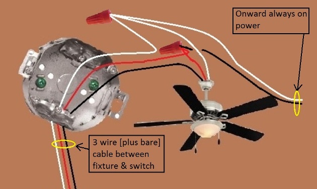 Fan / Light Combination Fixture Switch Circuits - Fan Always Hot / Light Switched - Power Source at Switch - Extension - Onward 'Always On' Power from Fixture