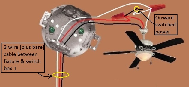 Fan / Light Combination Fixture Switch Circuits - Switched Separately - Power at Switch / Light controlled by 3 way switches / Fan at one location only - Extension - Onward 'Switched [Fan switch]' Power from Fixture