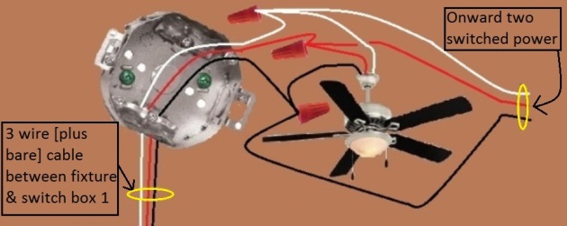 Fan / Light Combination Fixture Switch Circuits - Switched Separately - Power at Switch / Light controlled by 3 way switches / Fan at one location only - Extension - Onward 'Two Switched [Light and Fan switches]' Power from Fixture