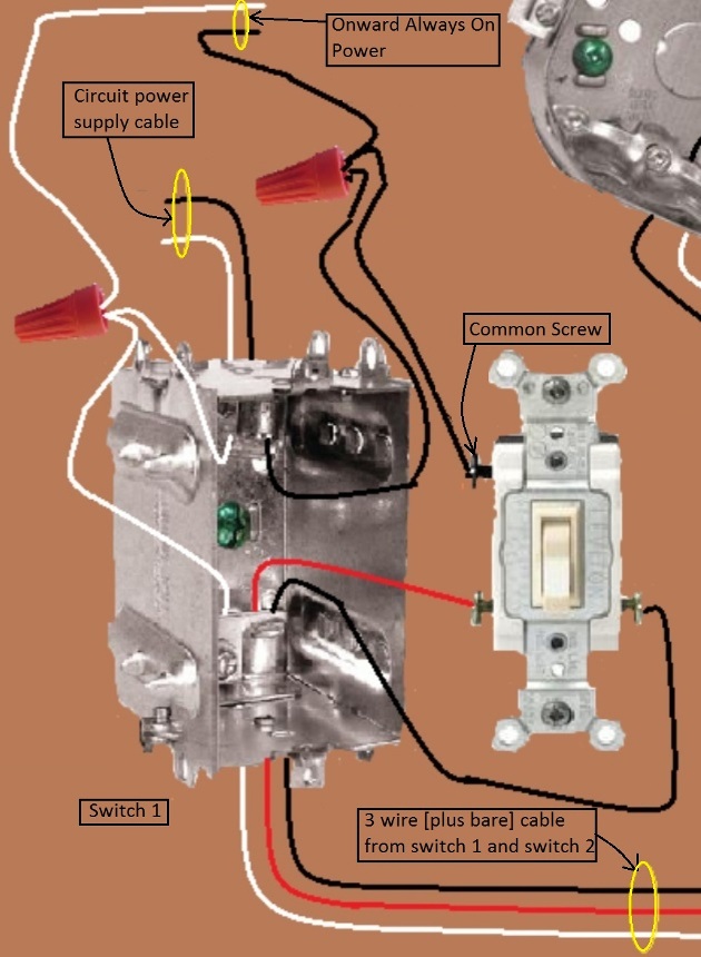 2011 NEC Compliant - Fan / Light Combination Fixture Wiring - Switched Together - 3 way switches, power source at one switch / fixture feed from other switch - Extension - Onward 'Always On' Power from Switch 1