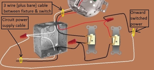 Fan / Light Combination Fixture Wiring - Switched Separately - Power at Switch - Extension - Onward 'Switched' Power controlled by Fan Switch